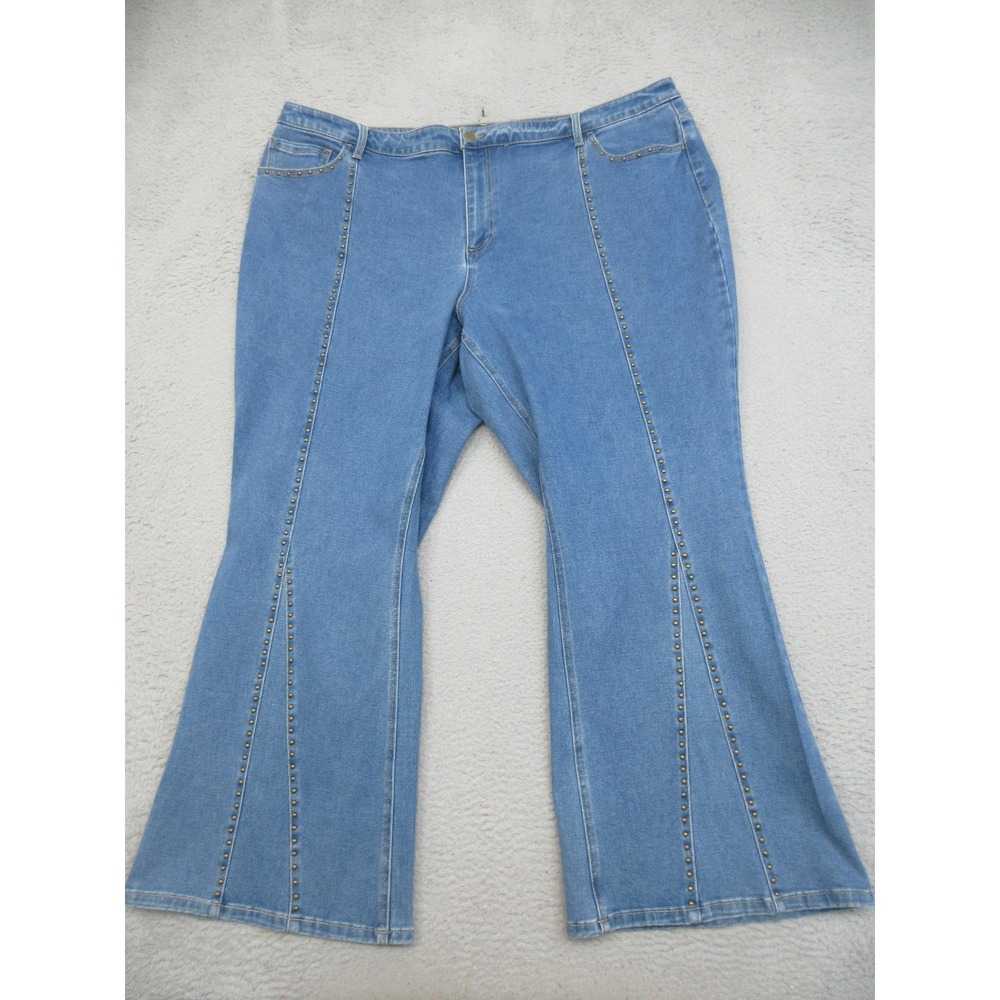 Y2K Studded Flare Jeans Womens 26W Blue High Rise Stretch Denim Plus Size Boho